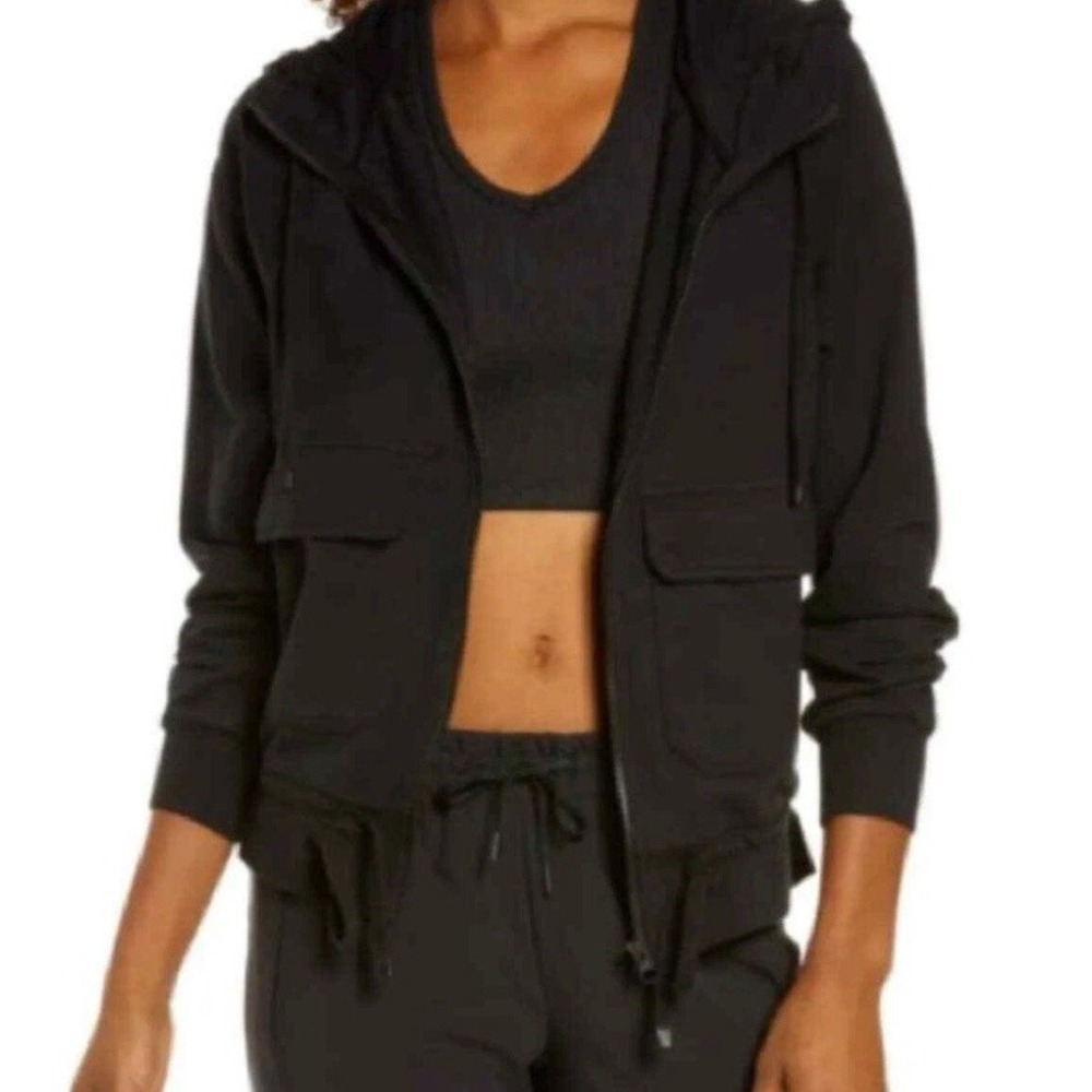 Zella Weekend‎ Stretch Organic Cotton Full Zip Hood in Black - Size medium